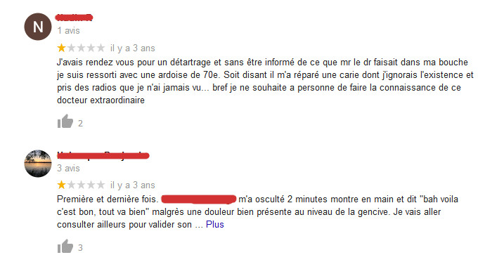 avis très négatif sur fiche google