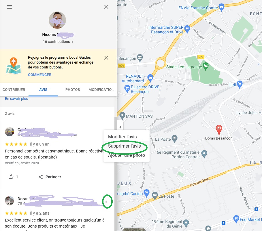 acces google maps pour supprimer commentaire google