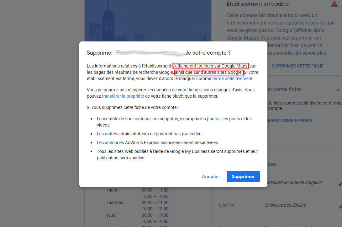 suppression fiche google My Business impossible